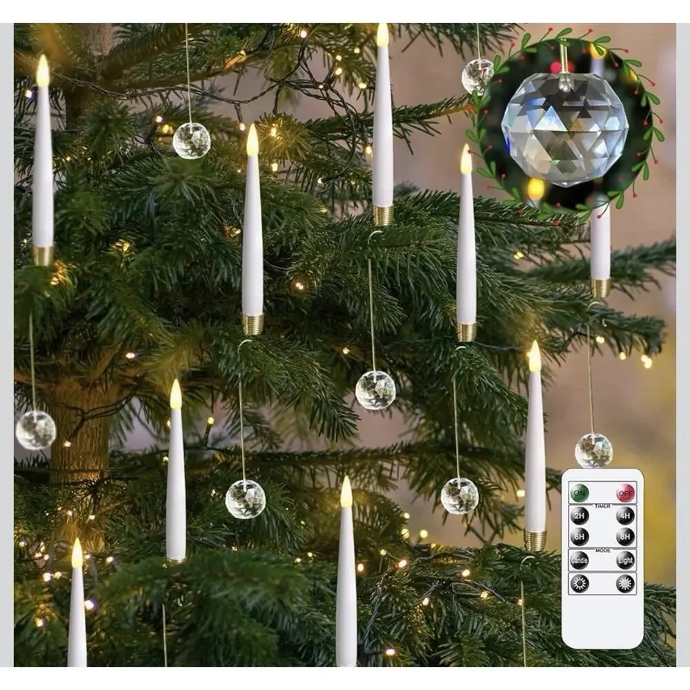 LED Taper Candles with Clear Crystal Ball Hooks Remote Timer White 12pcs New